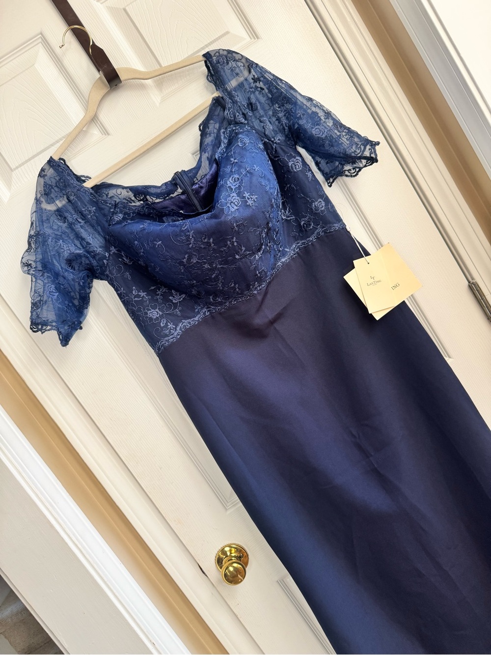 NEW Lan Ting Navy Mother-of-Bride Gown - Off shoulder Half Sleeve - lace top